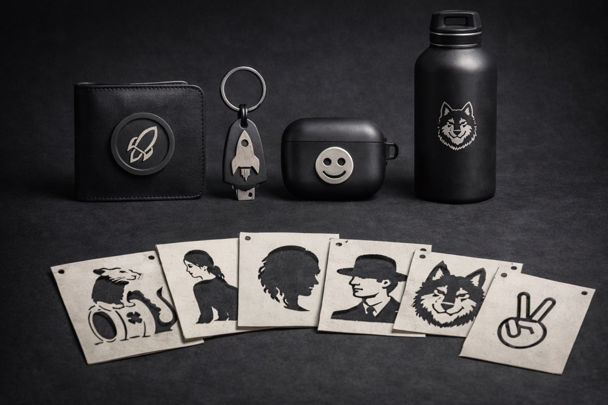 Examples of OptiMerch Studio stencil and merch outputs